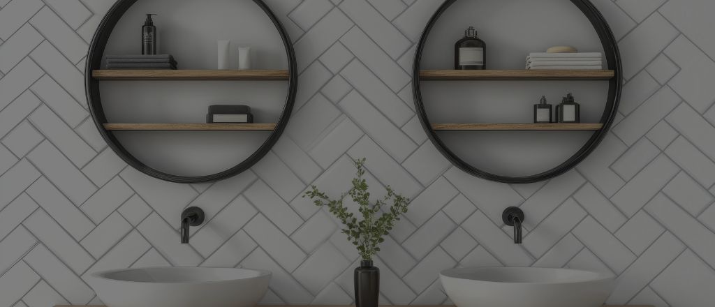 Modern double vanity bathroom with two sinks, decorative plants, and black circular storage boxes holding towels and bathroom accessories.