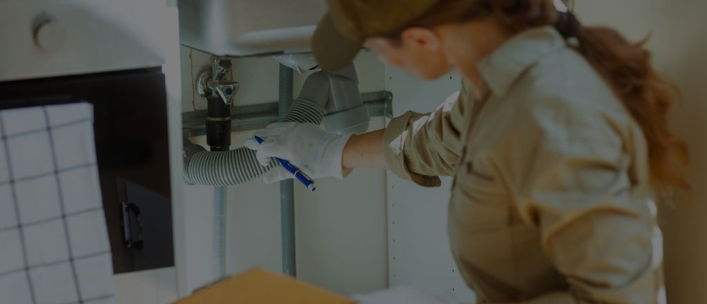 Female plumber inspecting the hose connection beneath a bathroom sink during plumbing checks.