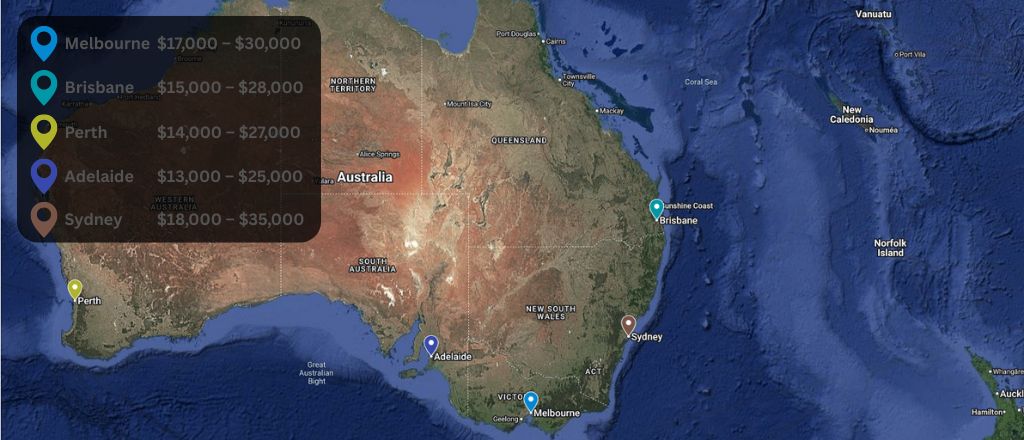 Satellite map of Australia with markers for Sydney, Melbourne, Brisbane, Perth, and Adelaide showing average bathroom renovation costs.