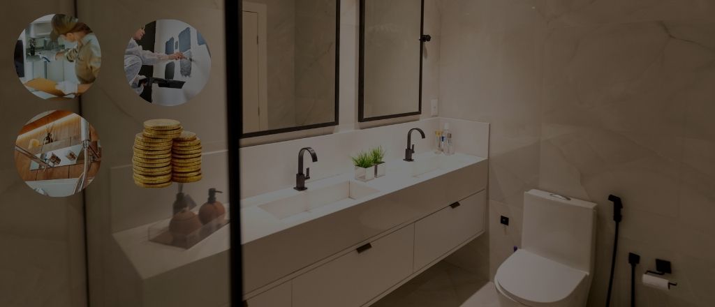 Modern bathroom background overlaid with four circular images showing a stack of coins, paint color testing on a wall, a plumber inspecting old parts, and various water fittings.