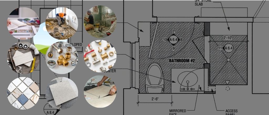 A bathroom renovation plan background overlaid with six circular photos showing tiles, tools, and the process of removing floor and wall tiles.