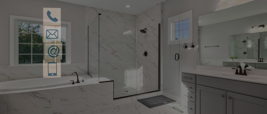 Modern bathroom interior overlaid with phone, email, and mobile icons representing renovation enquiries and contact options.