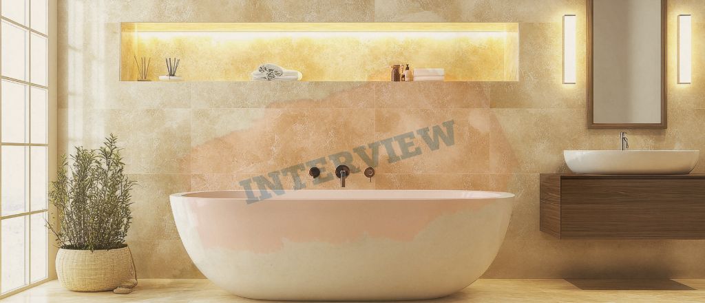 Modern luxury bathroom interior with the word “Interview” overlaid in translucent text, representing an expert discussion on bathroom renovation insights with Sam.