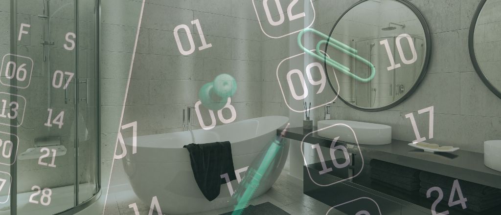 Luxury bathroom interior overlaid with a semi-transparent calendar and a pin marking a date, symbolising the timeline and process of completing a bathroom renovation.