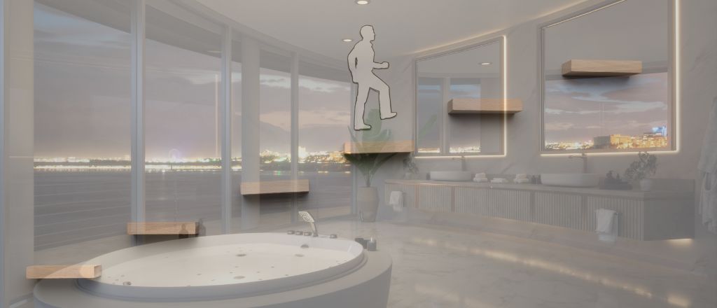 Luxury bathroom interior overlaid with a semi-transparent image of a person walking up steps, symbolising the step-by-step planning process of a bathroom renovation.